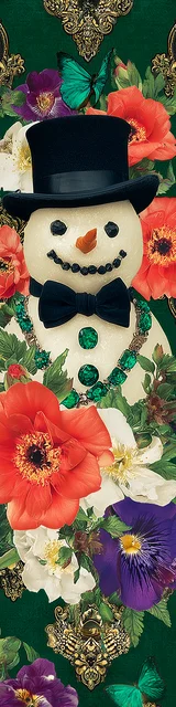 Free printable Christmas bookmarks of a snowman with red flowers on a green background